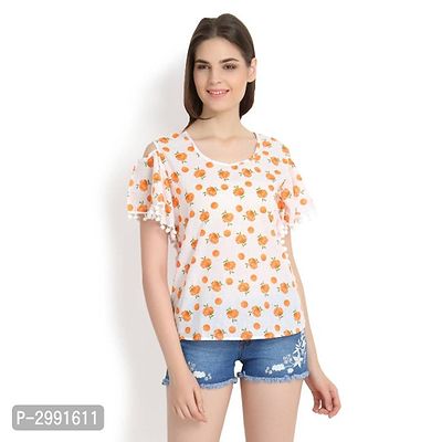 White With Orange Lily Print  Cold Shoulder With Pom Pom-thumb0