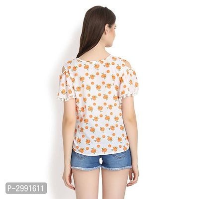 White With Orange Lily Print  Cold Shoulder With Pom Pom-thumb2