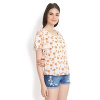 White With Orange Lily Print  Cold Shoulder With Pom Pom-thumb2