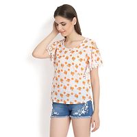 White With Orange Lily Print  Cold Shoulder With Pom Pom-thumb3