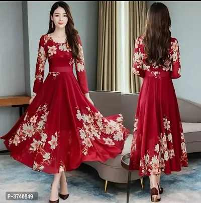 Maroon Crepe Printed Dresses For Women