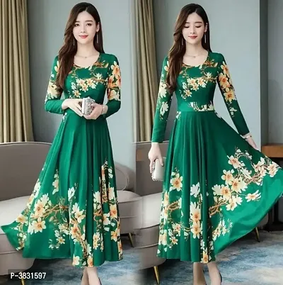 Green Floral Print Long Maxi Dress with Full Sleeve-thumb0