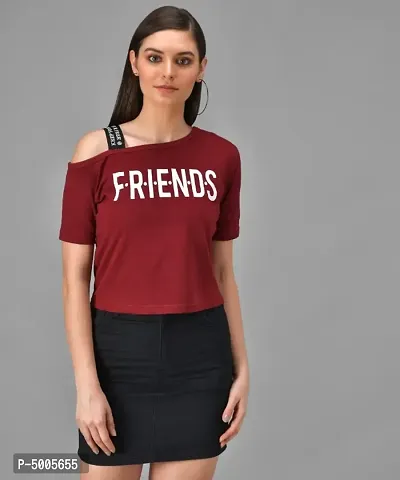 Maroon Friends Print Single Shoulder Half Sleeve Top