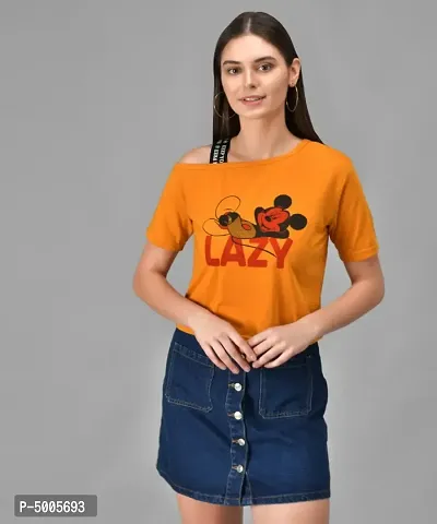 Mustard LAZY Printed Single Shoulder Half Sleeve Top