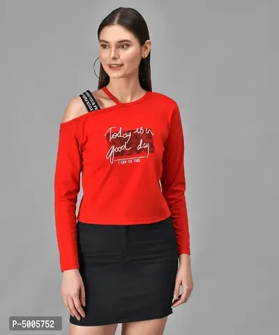 Red GOOD DAY Printed Single Shoulder Full Sleeve Top