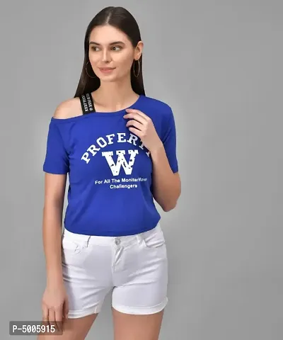 Royal Blue W Printed Single Shoulder Half Sleeve Top