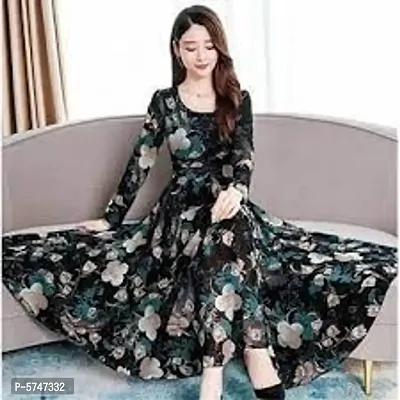 Raabta Women Black Flower Print Long Dress Full Seelve-thumb0