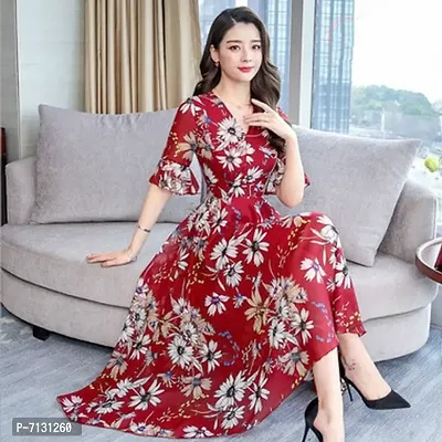 RED WITH WHITE SUNFLOWER PRINT LONG DRESS