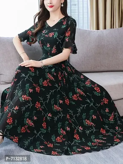 BLACK WITH RED FLOWER DRESS WITH BELL SLEEVE-thumb0