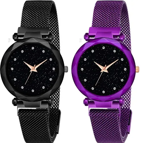 Kiarvi Gallery Magnet Buckle Starry Quartz Watch and Fashion Designer Analog Watch Combo Watch- for Girls