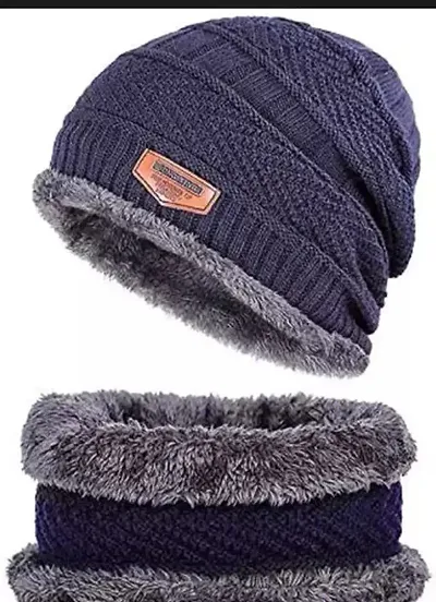 RELEENA Men's Woolen Cap with Neck Muffler Neckwarmer Winter Beanie Cap (Free Size, Set of 2) Multicolour