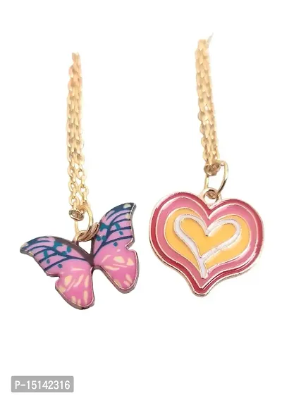SIRANI | Combo Of 2 Charming Gold Plated Butterfly and Heart Pendant Necklace For Women and Girls (Pink)