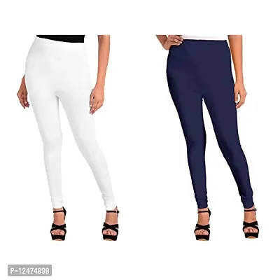 ENES FASHION Cotton Lycra 2 Way Stretchable Soft Women Leggings Combo (White Navy Blue, Large)-thumb0