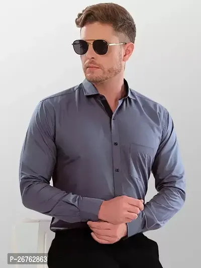 Comfortable Grey Cotton Blend Long Sleeve Regular Fit Shirt For Men-thumb0