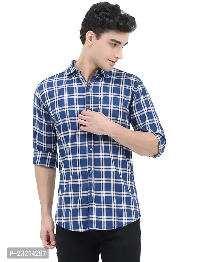 Scnc Men's Navy Blue Slim Fit Checkered Cotton Full Sleeve Shirt.