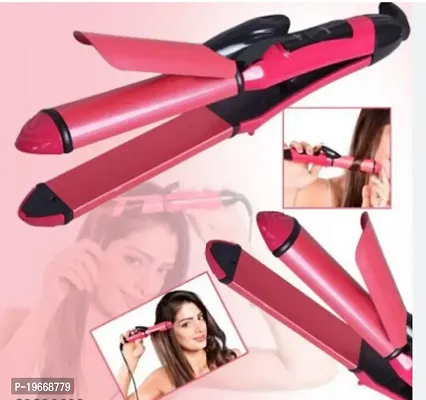 Hair Curler  Straightener 2 in 1 Beauty Set NHc-2009 Pink for women, with Ceramic Plated Mounted Quick Heat up Domestic Hair Straight  Curly Mini Beauty Tools for Girls-thumb0