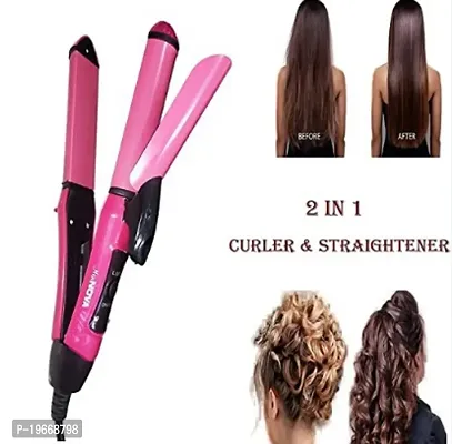 Hair Curler  Straightener 2 in 1 Beauty Set NHc-2009 Pink for women, with Ceramic Plated Mounted Quick Heat up Domestic Hair Straight  Curly Mini Beauty Tools for Girls