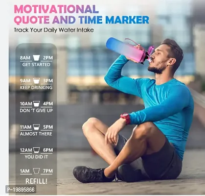 Water Bottle with Time Markings, 1L Motivational Sports Bottle Portable Water Jug with Removable Straw, Leakproof  BPA Free Gallon Gym Bottles for Fitness and Outdoor (Frosted Blue)-thumb0