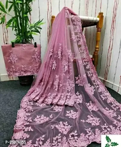 Stylish Net Pink Embroidered Saree with Blouse piece For Women