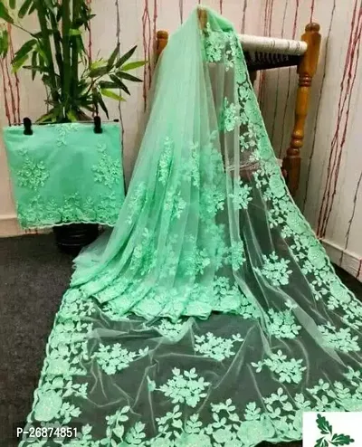 Stylish Net Green Embroidered Saree with Blouse piece For Women