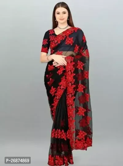 Stylish Net Multicoloured Embroidered Saree with Blouse piece For Women