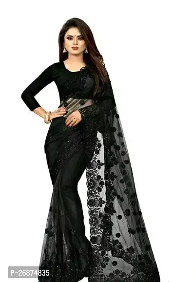 Stylish Net Black Embroidered Saree with Blouse piece For Women