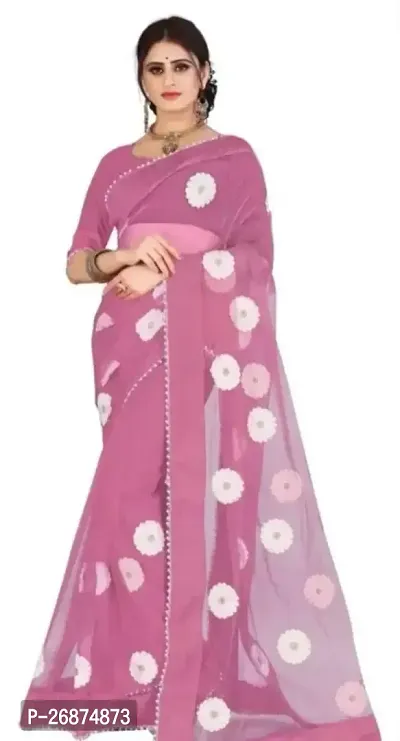 Stylish Net Pink Printed Saree with Blouse piece For Women-thumb0