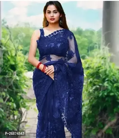 Stylish Net Navy Blue Embroidered Saree with Blouse piece For Women-thumb0