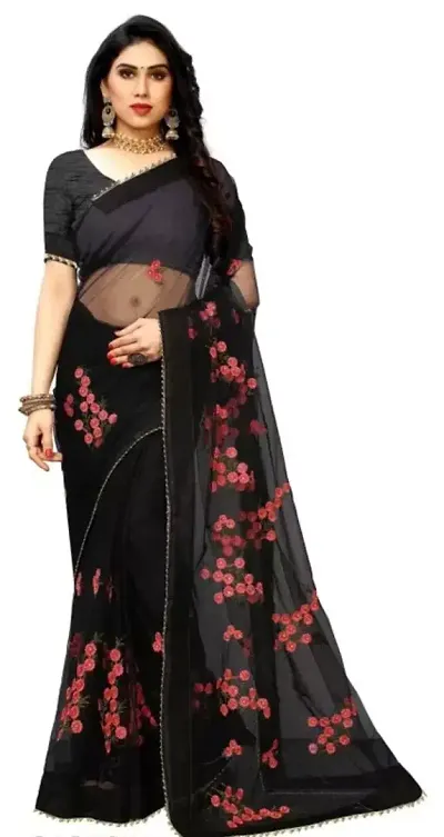 Floral Embroidered Net Sarees With Blouse Piece