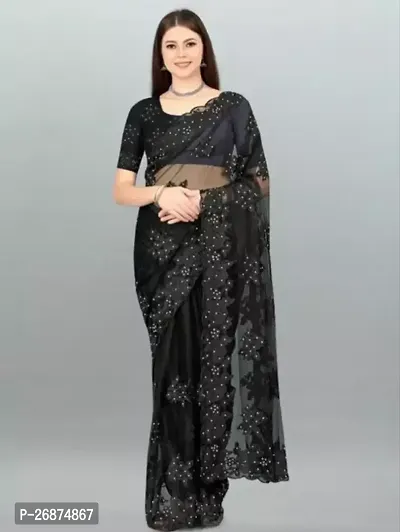 Stylish Net Black Embroidered Saree with Blouse piece For Women