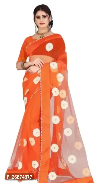 Stylish Net Orange Printed Saree with Blouse piece For Women