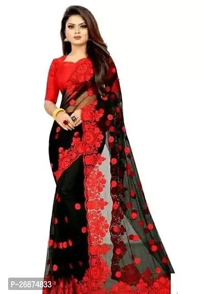 Stylish Net Multicoloured Embroidered Saree with Blouse piece For Women-thumb0