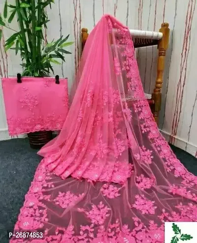 Stylish Net Pink Embroidered Saree with Blouse piece For Women-thumb0