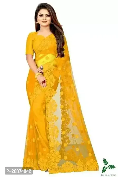 Stylish Net Yellow Embroidered Saree with Blouse piece For Women-thumb0