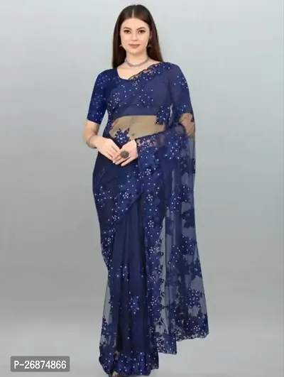 Stylish Net Navy Blue Embroidered Saree with Blouse piece For Women-thumb0