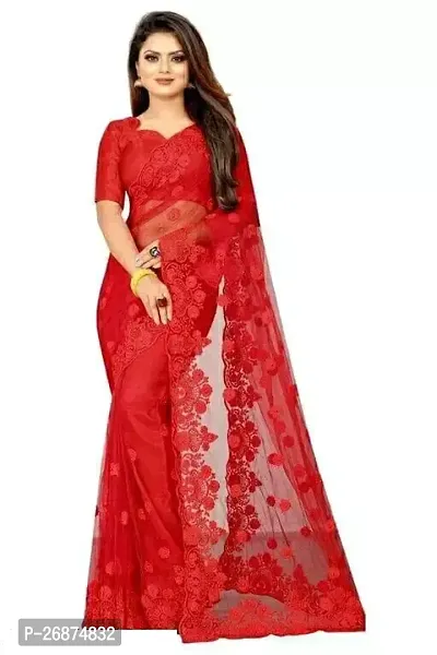 Stylish Net Red Embroidered Saree with Blouse piece For Women-thumb0