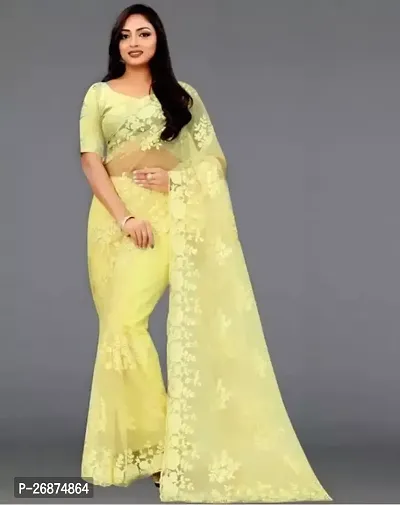 Stylish Net Yellow Embroidered Saree with Blouse piece For Women