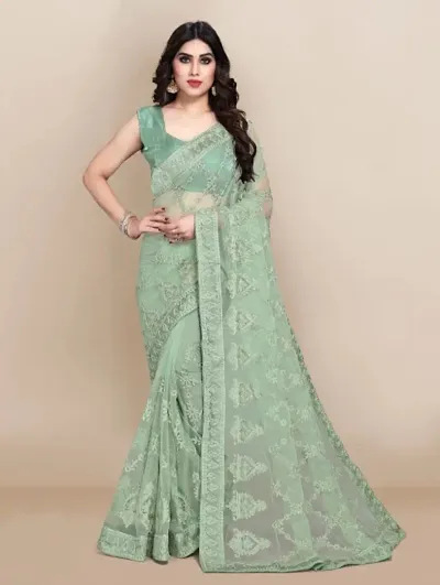 Embroidered Chikankari Net Saree with Blouse Piece