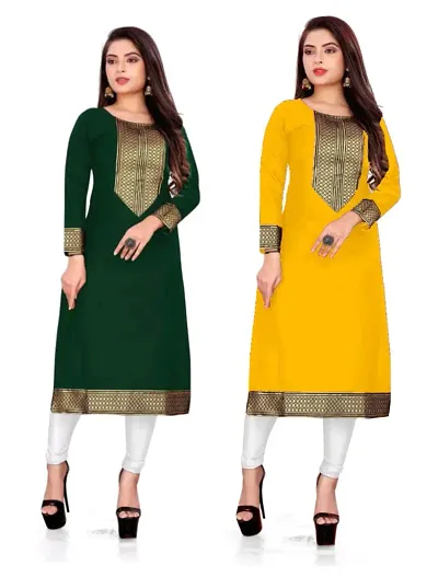 Women Casual Kurti For Women And Girl s Slub Lace border Straight Kurti Women Straight Kurti (Pack 2)