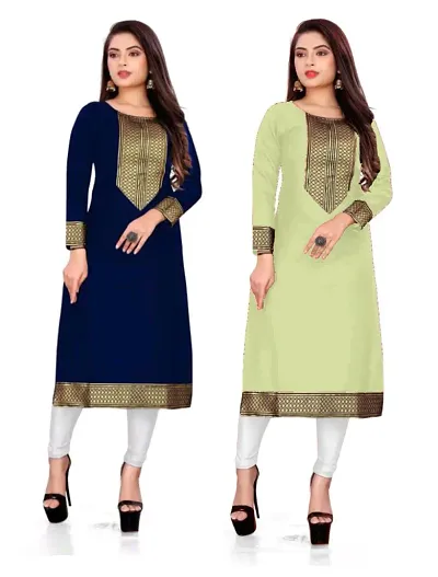 Women Casual Kurti For Women And Girl s Slub Lace border Straight Kurti Women Straight Kurti (Pack 2)