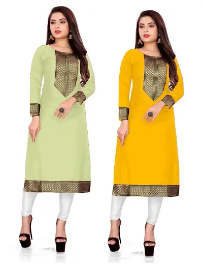 Stylish Cotton Slub Straight Lace Border Kurtis - Pack Of 2