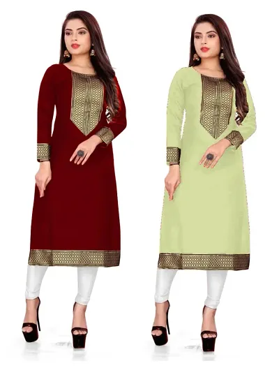 Women Casual Kurti For Women And Girl s Slub Lace border Straight Kurti Women Straight Kurti (Pack 2)