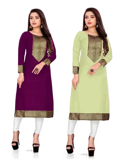 Women Casual Kurti For Women And Girl s Slub Lace border Straight Kurti Women Straight Kurti (Pack 2)