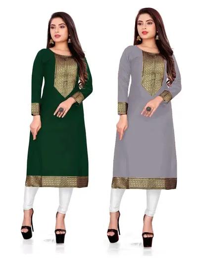 Stylish Cotton Slub Straight Lace Border Kurtis - Pack Of 2