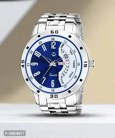 Silver Stainless Steel Formal Mne's Watch Day And Date Analog Wrist Watch For Men
