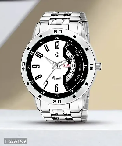 Silver Stainless Steel Formal Mne's Watch Day And Date Multicolor Analog Wrist Watch For Men