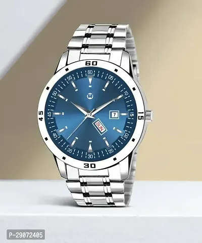 Silver Stainless Steel Blue Day  Date Dial Formal Men's Watch Analog Wrist Watch For Men