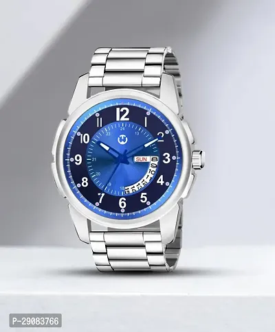 Silver Stainless Steel Blue Day  Date Dial Formal Men's Watch Analog Wrist Watch For Men-thumb0