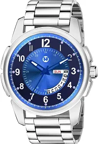 Silver Stainless Steel Blue Day  Date Dial Formal Men's Watch Analog Wrist Watch For Men-thumb1