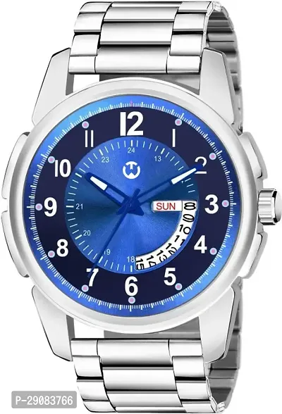 Silver Stainless Steel Blue Day  Date Dial Formal Men's Watch Analog Wrist Watch For Men-thumb2